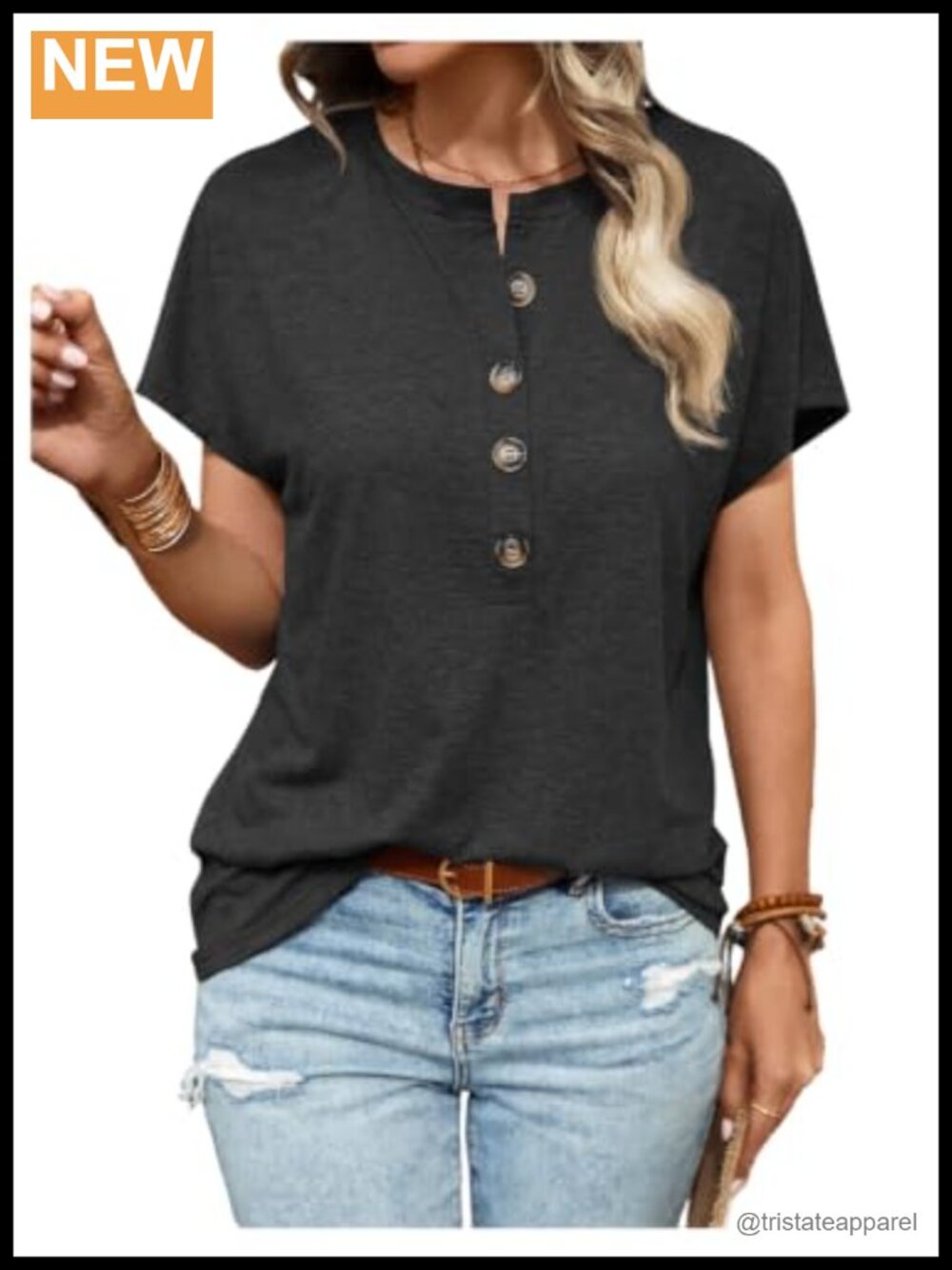Women's Short Sleeve Henley Shirt with Half Button Crew Neck Soft
